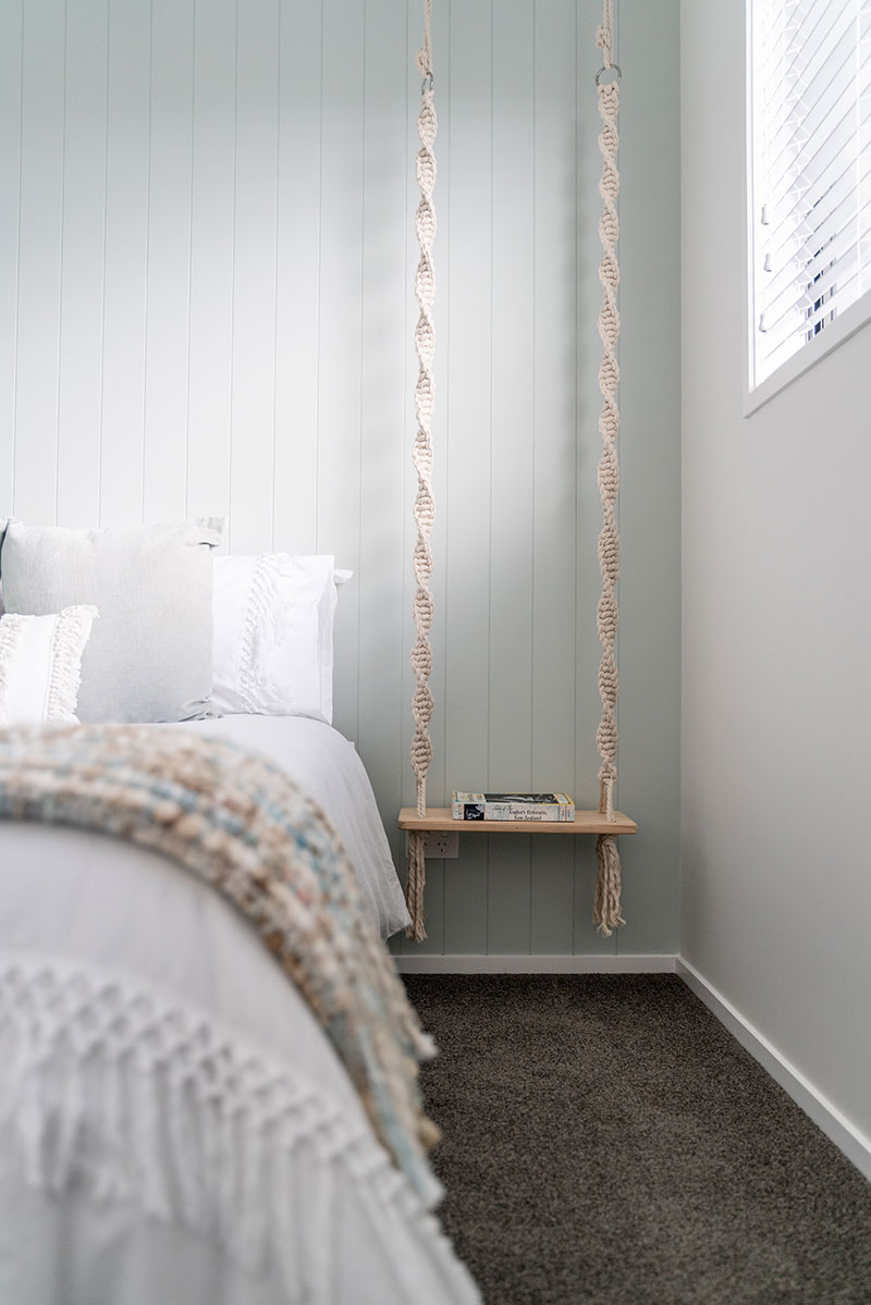 duckegg, hardigroove feature wall in bedroom with swing side tables with natural rope and white cotten duvet