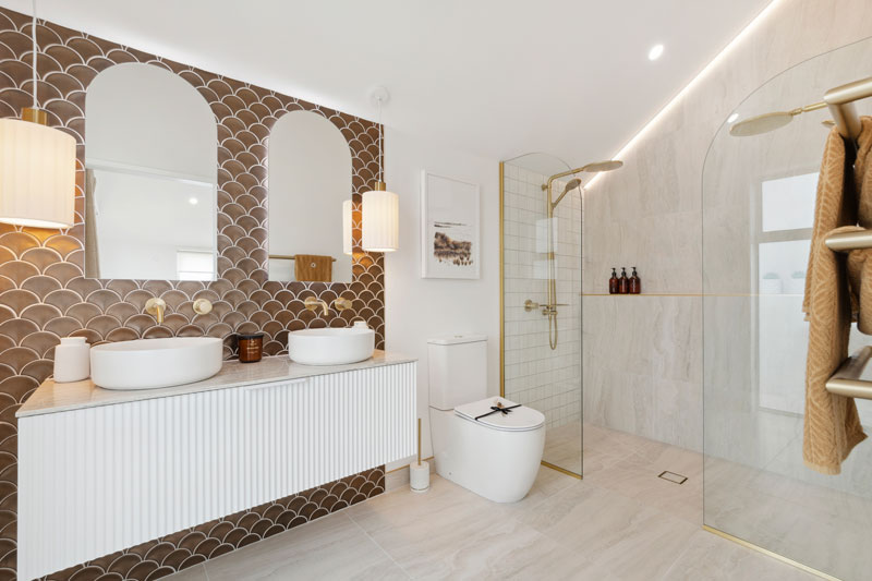 Gorgeous mediterranean inspired bathroom with fluted timber fishscale mosaic tiles, Precision Homes showhome