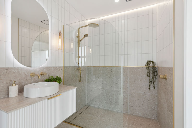 Gorgeous bathroom with fluted vanity, Tile Space Tiles, Robertson Bathware, Precision Homes showhome