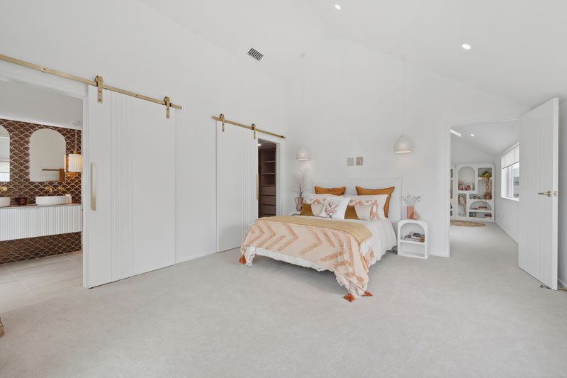 Gorgeous Med inspired home with barn doors, brass fittings, angled ceiling Precision Homes showhome