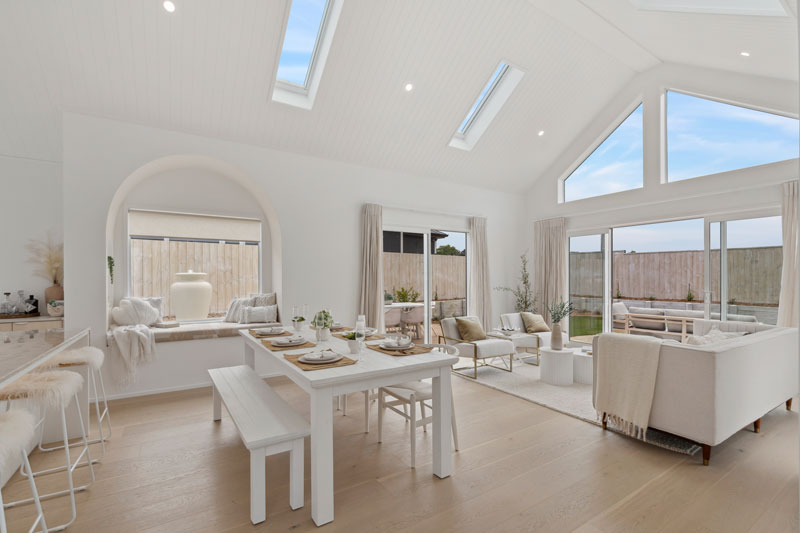 Gorgeous Med inspired home with arched window seat, light white interior, Precision homes showhome