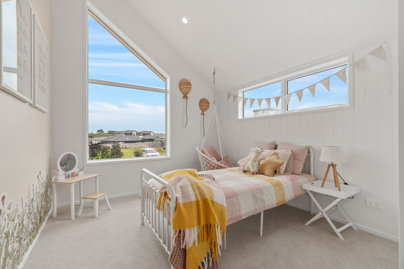 Gorgeous Med inspired home with girls bedroom, feature wall, angled ceiling Precision Homes showhome