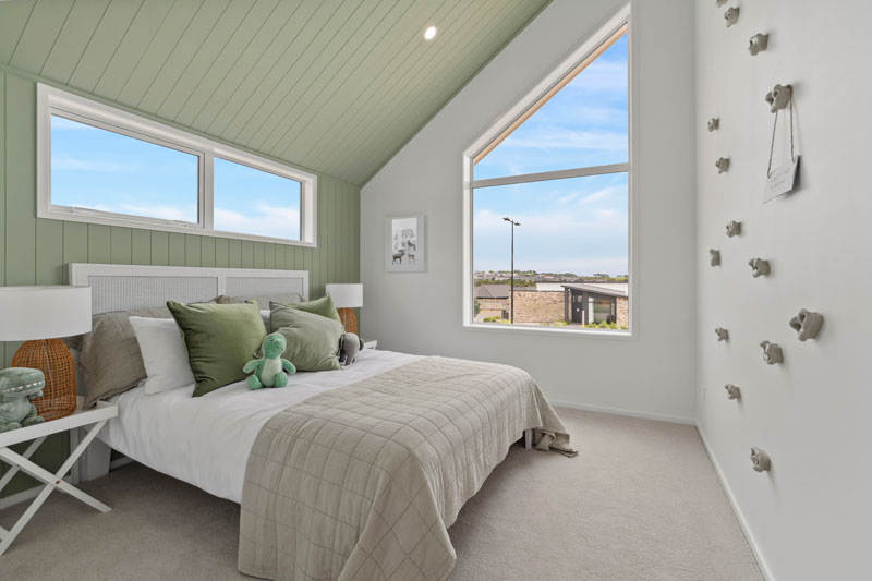 Gorgeous Med inspired home with boys bedroom, angled ceiling, with hardigroove feature wall and ceiling, Precision Homes showhome