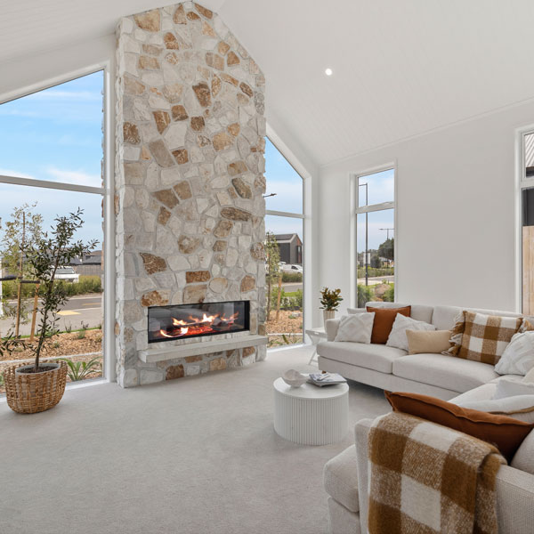 38 Te Rata Boulevard Irregular Stone Vintage White fireplace, angled windows